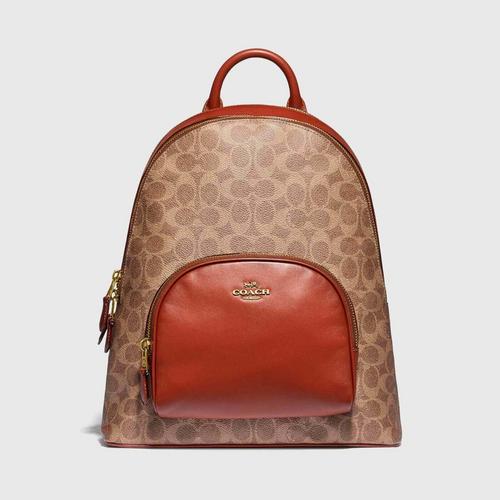 Coach经典印花棕色牛皮双肩包 Carrie Backpack In Signature Canvas - Sand Taupe