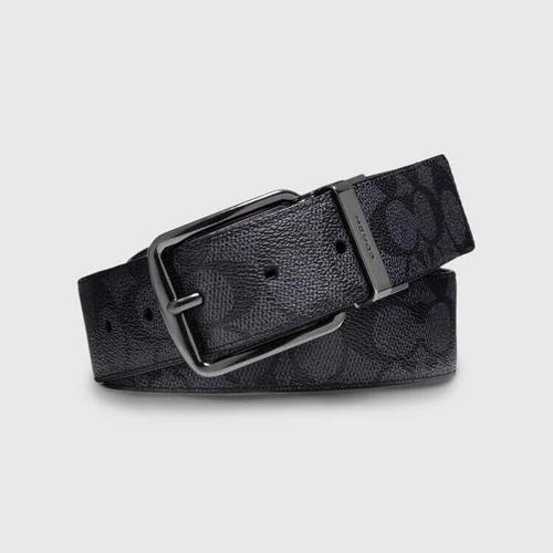 蔻驰Coach男士WIDE HEARNESS可裁剪双面碳灰色黑色经典标志印花腰带【618限定】
