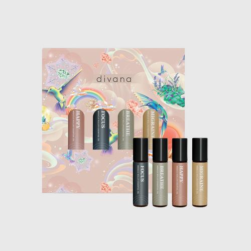 DIVANA滚珠香薰精油4只装10 ml 4 pcs.  (happy, breathe, migraine, focus)